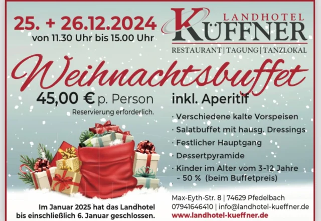 Noch 34 Tage bis Weihnachten🎄🥳
Sichert euch jetzt noch einen Tisch für entspannte Feiertage mit der Familie 

#weihnachten #essenundtrinken #hohenlohertagblatt #schwäbischhall #oehringen #küffnerlandhotel #pfedelbachküffner #mittagstisch #location